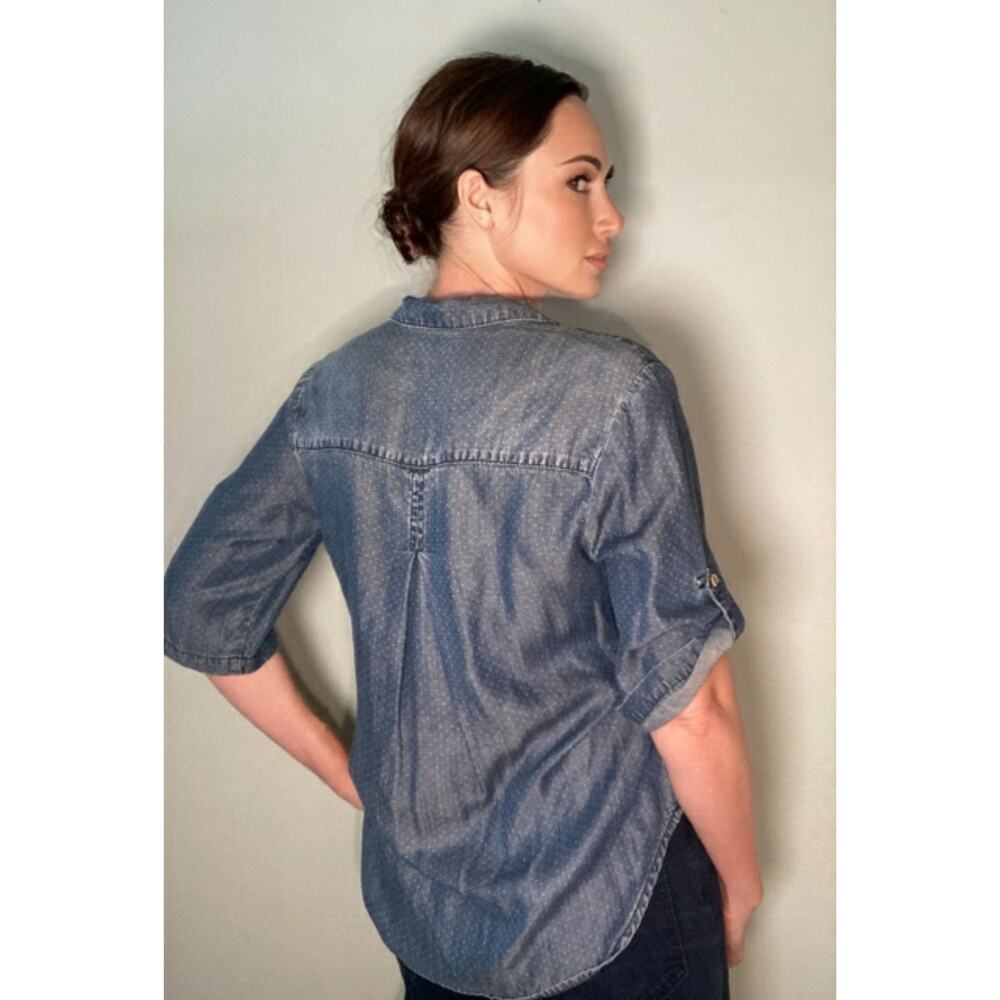 Cloth & Stone Anthropologie Button Down Denim Chambray Shirt Polkdots Sz M - Picture 3 of 9